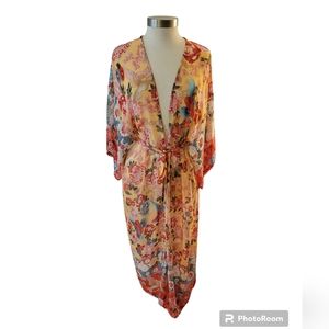 Crane and Floral Print Kimono One Size Long